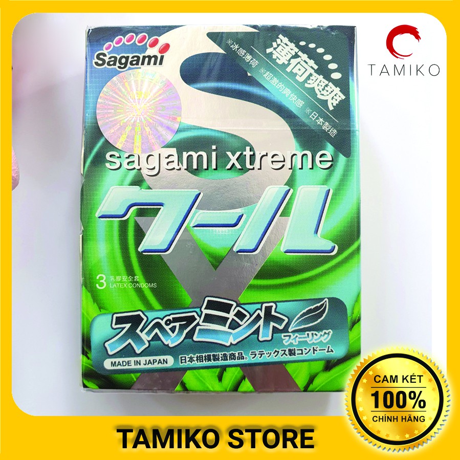 Bao cao su SAGAMI SPEARMINT Hương Bạc Hà The Mát siêu mỏng- Xuất xứ Nhật Bản-  Hộp 3 cái