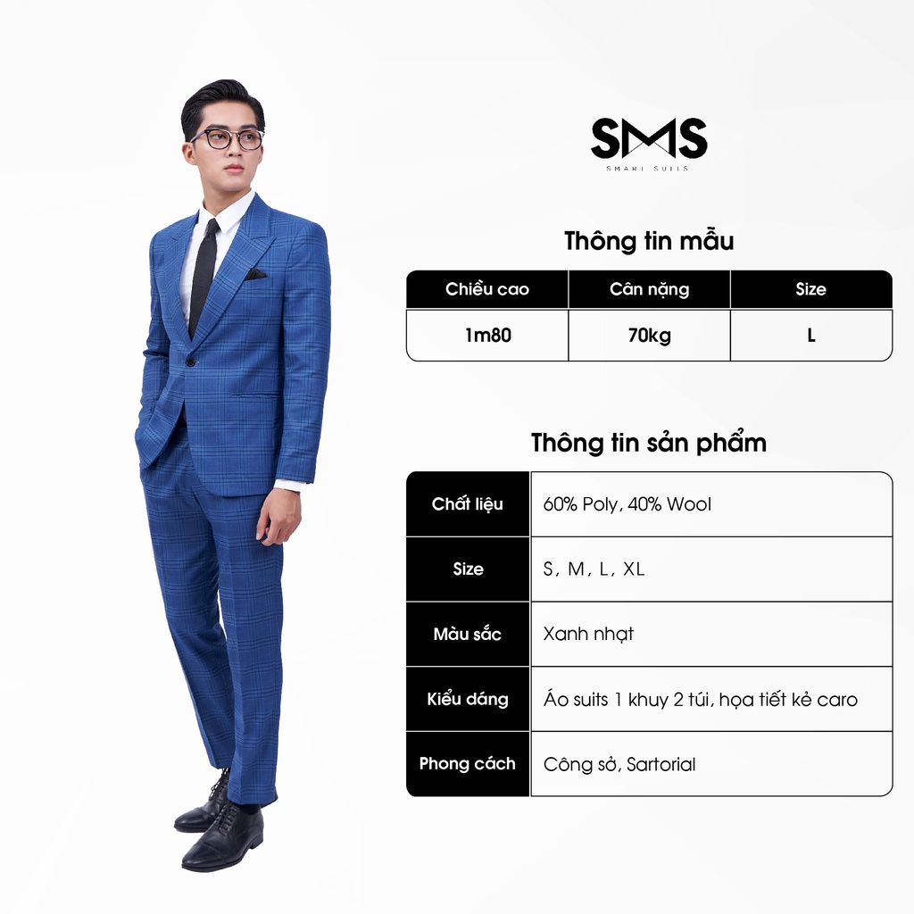 Vest nam xanh kẻ ô, suits sartorial, 1 khuy 2 túi, chuẩn form Smart Suits