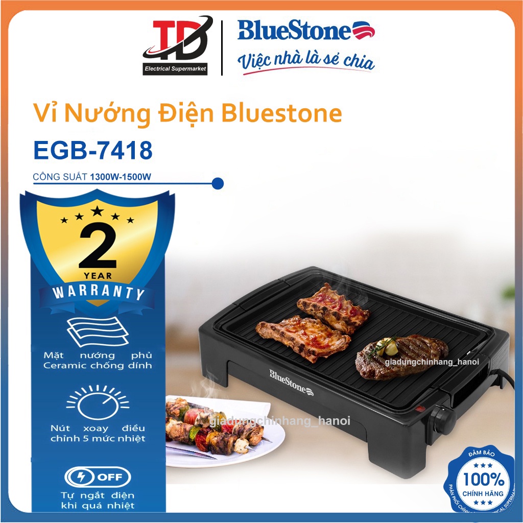 Bếp Nướng Điện Bluestone EGB-7418, Công Suất 1500W, Phủ Ceramic Chống Dính, Bảo Hành Chính Hãng 2 Năm