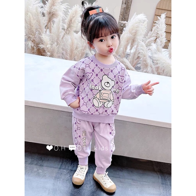 Bộ dài tay cho bé cotton thu đông, co dãn 4 chiều cho bé gái hình Gấu K034