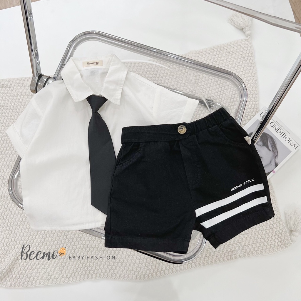 Set bộ sơ mi trắng Beemo cộc tay phối quần chun kèm cà vạt vải thô mặc hè cho bé trai từ 1 đến 7 tuổi 22054B