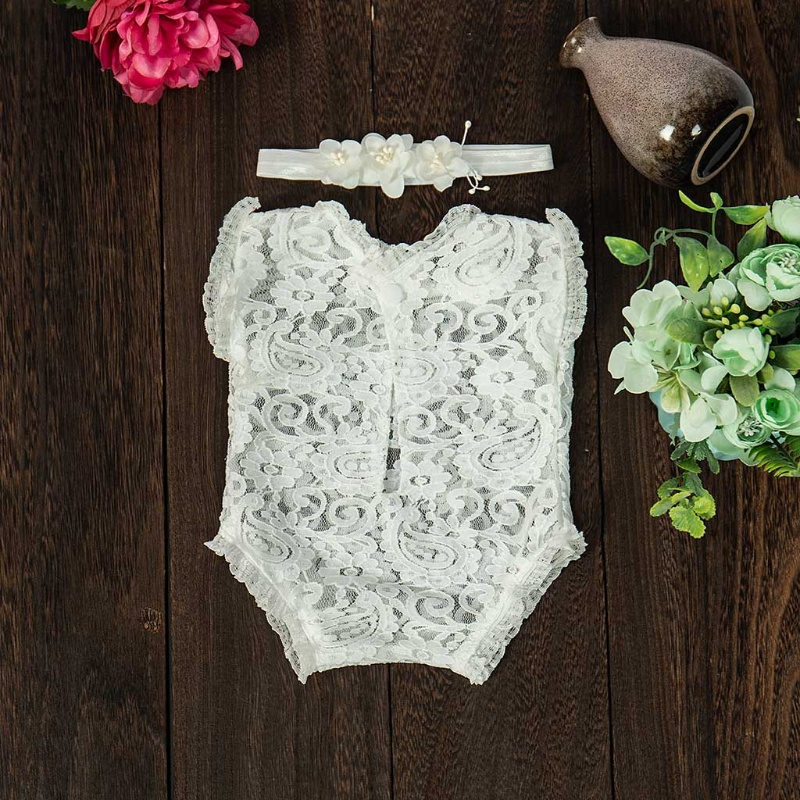 Set 2 Món Áo Liền Quần + Băng Đô Ren Chụp Ảnh Cho Bé Sơ Sinh
