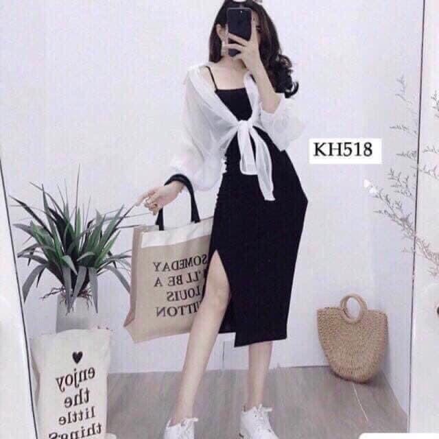 Váy Thun Body 2 Dây Kèm Áo Sơ Mi Khoác Ngoài Cá Tính [FREESIZE]