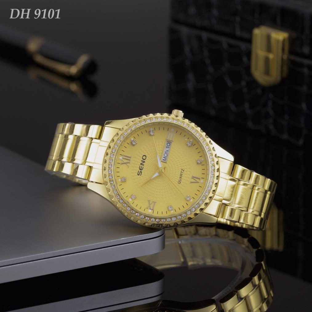 Đồng hồ nam Seno mặt tròn 40mm đính đá chống xước dây kim loại mạ vàng watches116