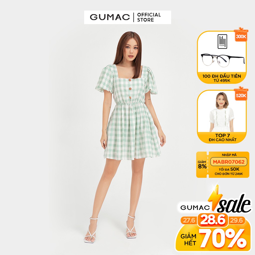 [Mã WABRGU72 giảm 10% tối đa 50k đơn 250k] Đầm xòe nữ tay bí GUMAC họa tiết caro màu xanh trẻ trung DB485