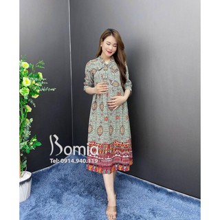 Váy bầu xanh ngọc thổ cẩm maxi