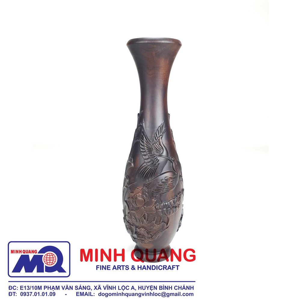 BÌNH GỖ PHONG THỦY CHẠM SEN HẠC (Lộc Bình Sen Hạc) – Gỗ Muồng Đen (Chiu Liu) – Đường Kính 09CM x Cao 30CM