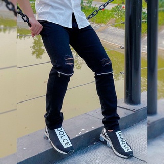 Quần jean nam zipper rách gối khóa zip màu đen pon.mens hà nội