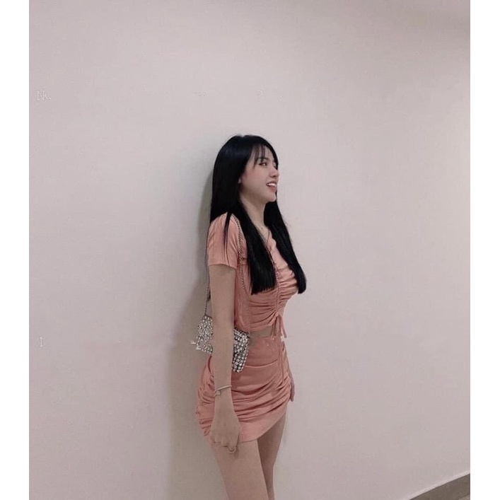 Set ôm body cổ lệch dây rút chéo