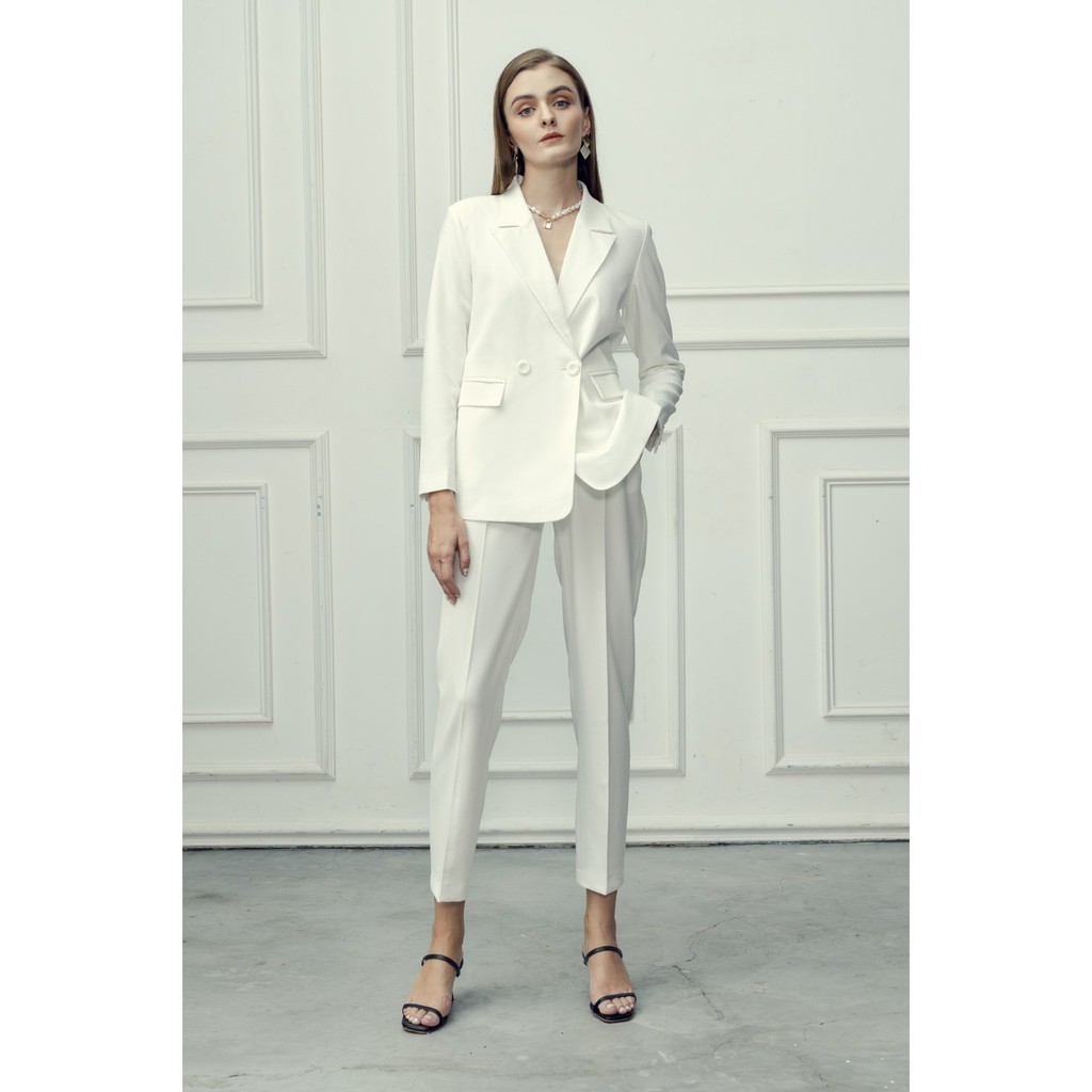 Set Suit Áo Blazer 2 Khuy Tay Dài Và Quần Tây Ống Đứng ONMIX, Trắng Trơn, Vải Tuytsi Nhập Cao Cấp