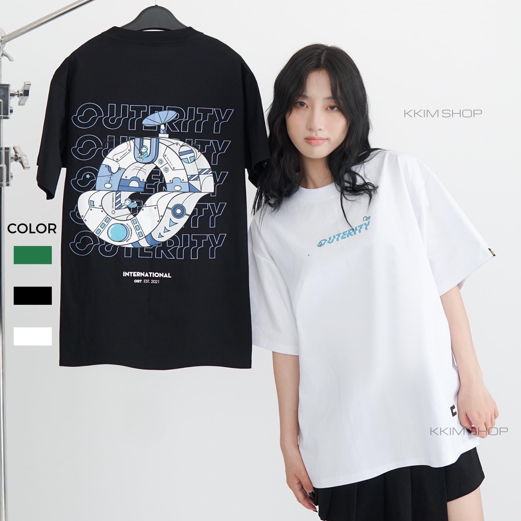 Áo thun tay lỡ OUTERITY SPACE XANH LÁ ĐẬM TO KKIMSHOP , Áo thun unisex nam nữ form rộng oversize chất liệu Cotton Thái