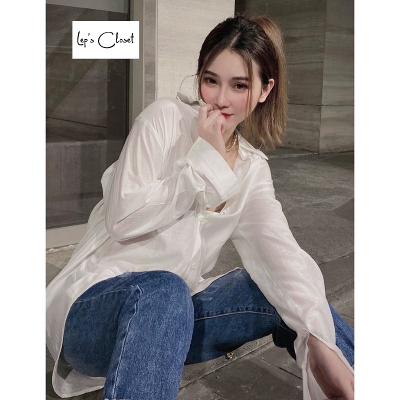 Áo sơ mi nữ Lụa trắng basic cao cấp , áo sơ mi giấu quần , áo tay dài form rộng | BigBuy360 - bigbuy360.vn