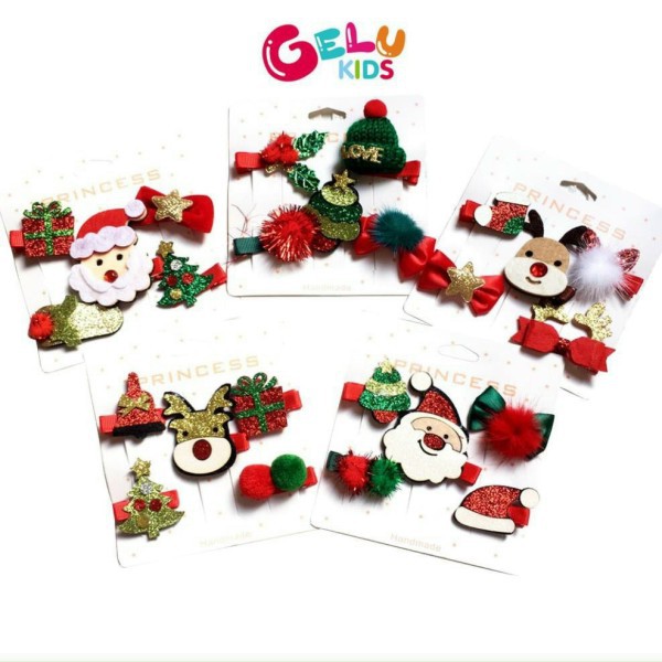 Set 5 kẹp tóc Noel đủ họa tiết đáng yêu màu xanh đỏ chủ đạo thoải mái phối đồ đi chơi Giáng sinh