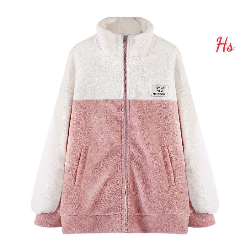 Áo Khoác Lông Cừu Je Ong Phối Màu ❤ Áo Khoác Nữ Dày Dặn 2 Lớp Dáng Rộng HS21