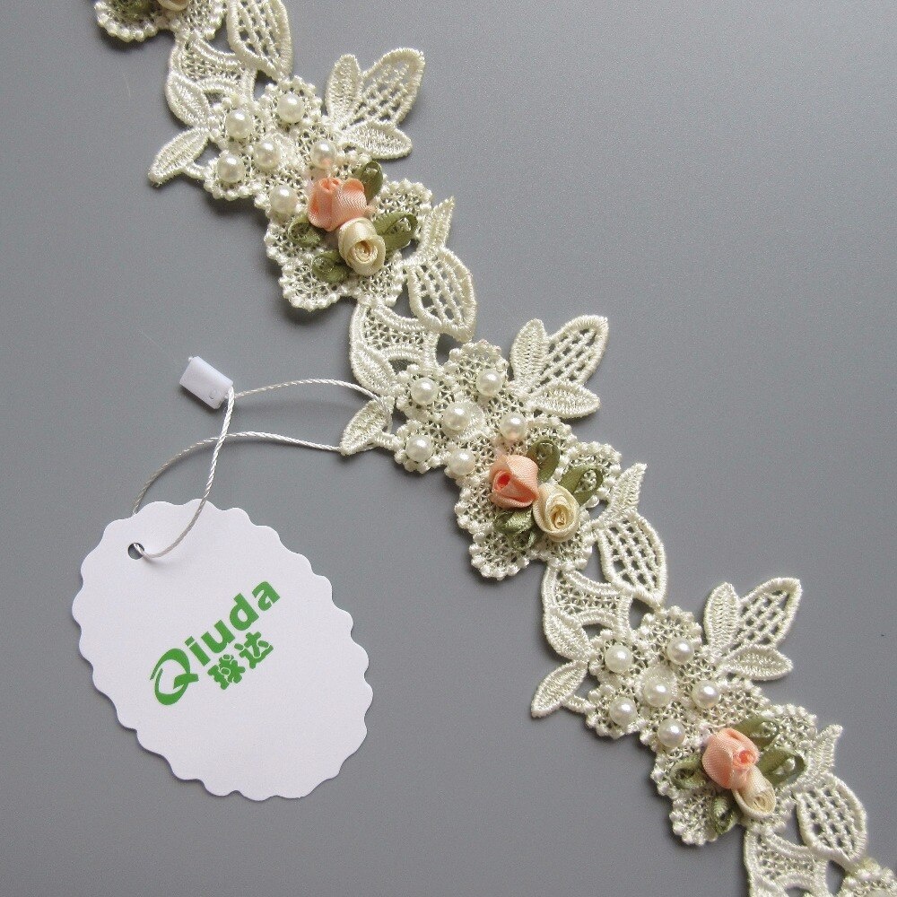 1 Yard Dây Ruy Băng Viền Ren Thêu Hoa Đính Ngọc Trai Trang Trí Váy Cưới