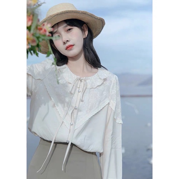 Sơmi thêu hoa nổi phối cổ ren - kèm ảnh thật
