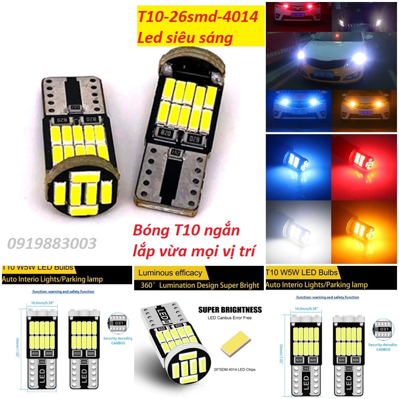 Set 2 bóng đèn T10 Led soi biển số, gắn đèn trần ô tô T10 26smd 4014