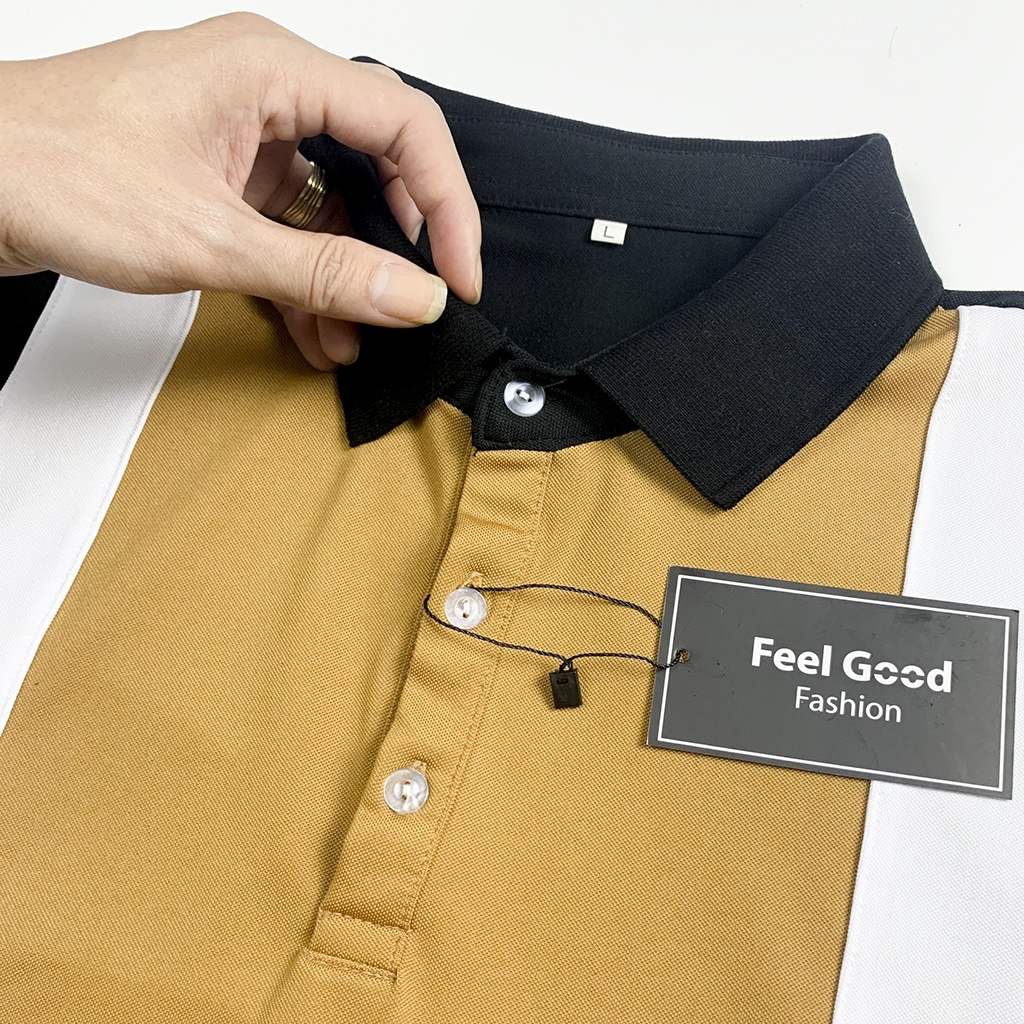 Áo Polo Nam đẹp FEEL GOOD basic -Áo thun nam có cổ trụ bẻ, phối sọc dọc cà phê đen trắng vải cá sấu cao cấp giá rẻ | BigBuy360 - bigbuy360.vn