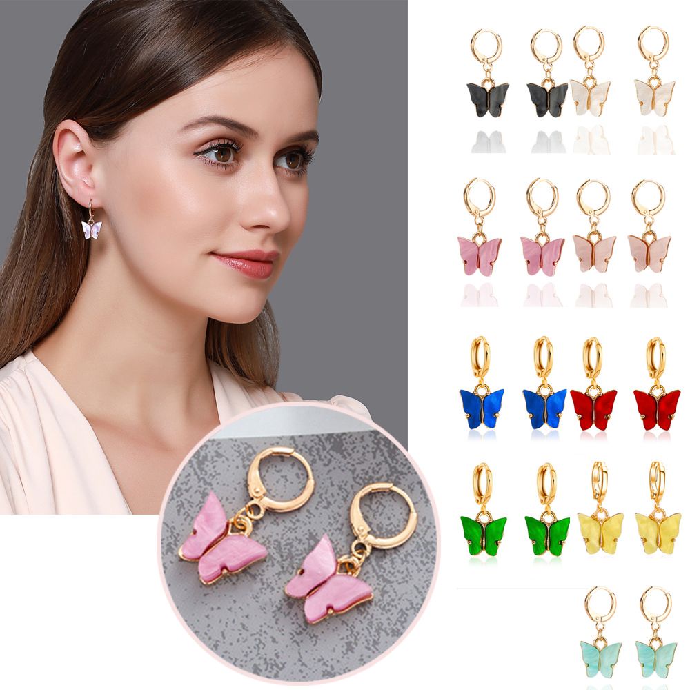 Đôi khuyên tai dạng móc dáng dài hình bươm bướm kiểu bất đối xứng chất liệu acrylic dễ thương thời trang dự tiệc cưới