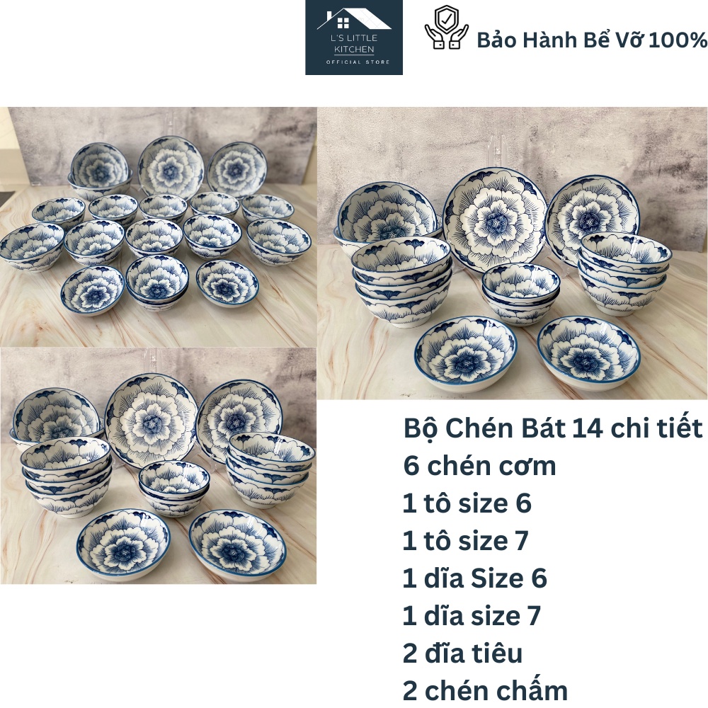 Bộ Tô Chén Dĩa Gốm Sứ Bát Tràng Hoa Xanh Cao Cấp 18-14 Chi Tiết, Bộ Bát Đĩa Cổ Hoa Xanh