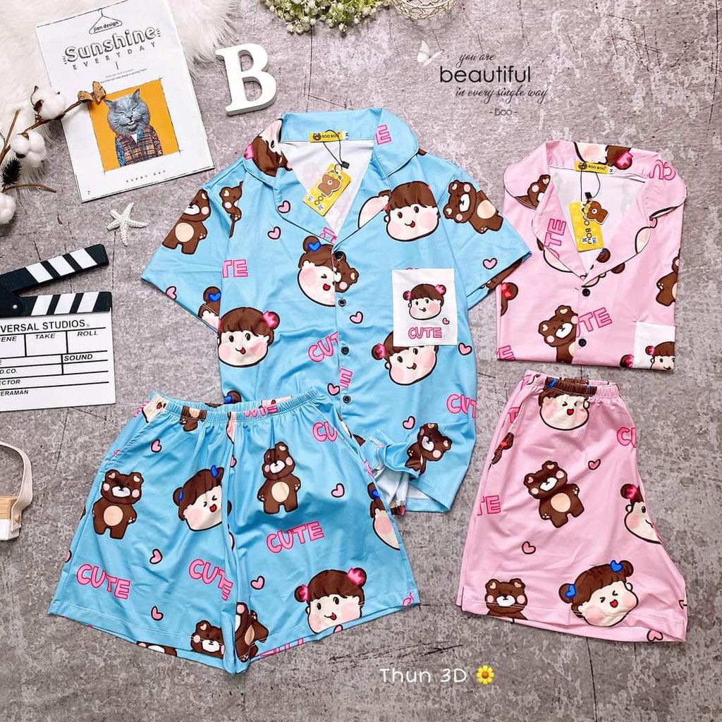 Đồ Bộ Pijama Thun đùi họa tiết dễ thương (Cổ sơ mi)