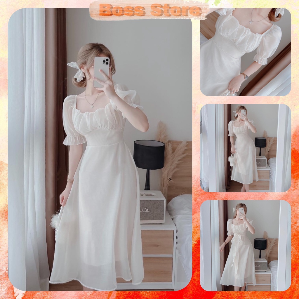Đầm trắng trơn cổ vuông tay phồng xếp ly. (có mút) tiểu thư, sang chảnh . Chất: Voan Chinfon