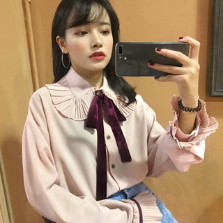 Áo sơ mi cột nơ nhung - ảnh shop tự chụp