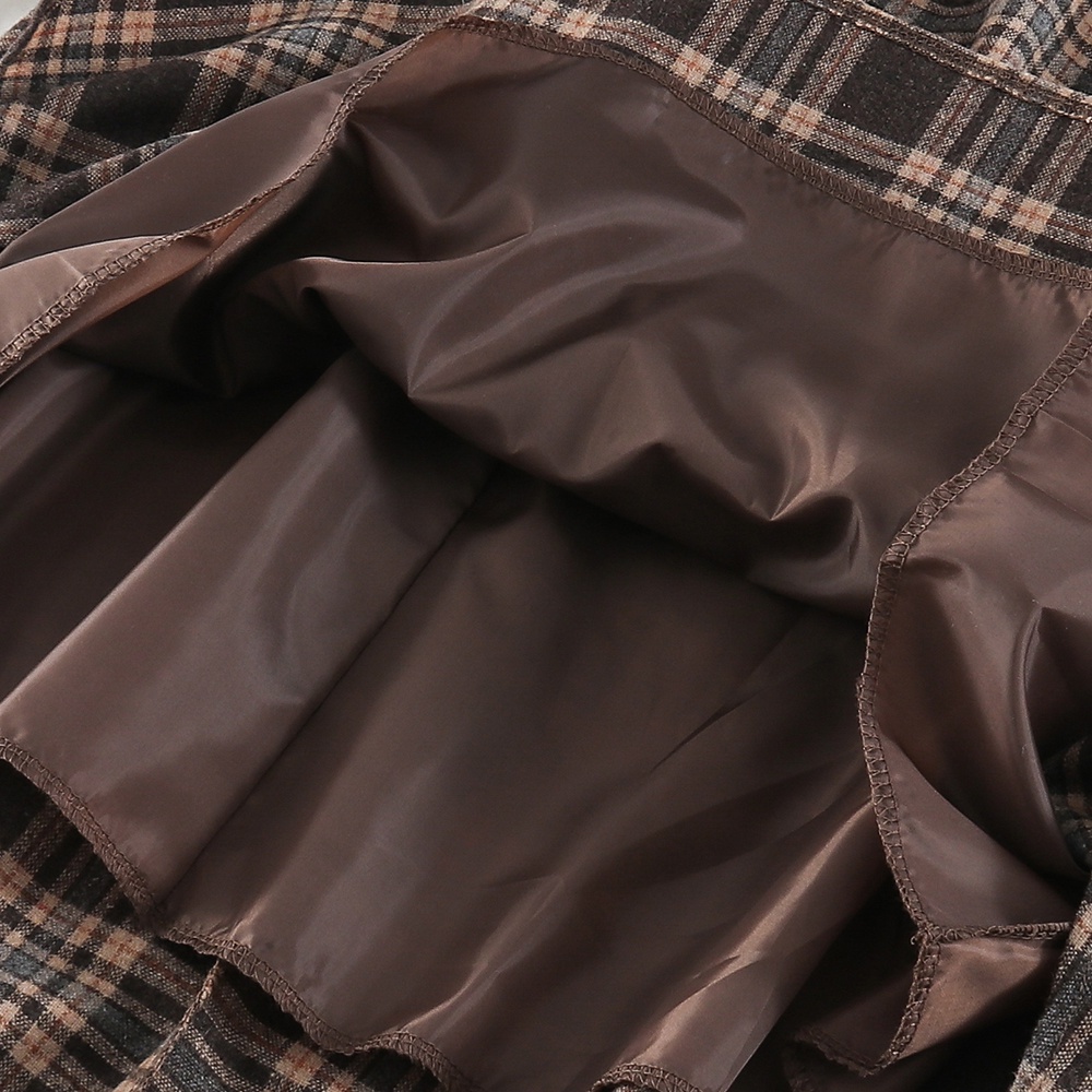 NUZIRO  Chân váy chữ A lưng cao dài đến bắp chân chất liệu len họa tiết sọc caro phong cách retro Hàn Quốc