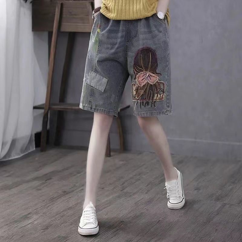 Quần Short Jean Dáng Rộng Lưng Thun Thêu Họa Tiết Độc Đáo Phong Cách retro Thời Trang Mùa Hè Cho Nữ 2022 Mới
