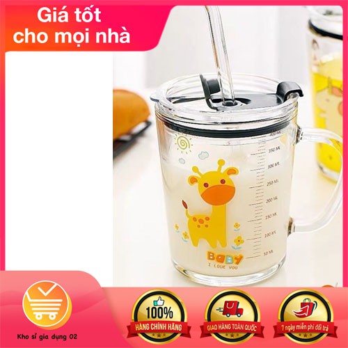 [Mã LIFEHLSALE2 giảm 10% đơn 0Đ] CỐC PHA SỮA THUỶ TINH CHIA VẠCH CÓ NẮP VÀ ỐNG HÚT CHO BÉ SIÊU TIỆN LỢI