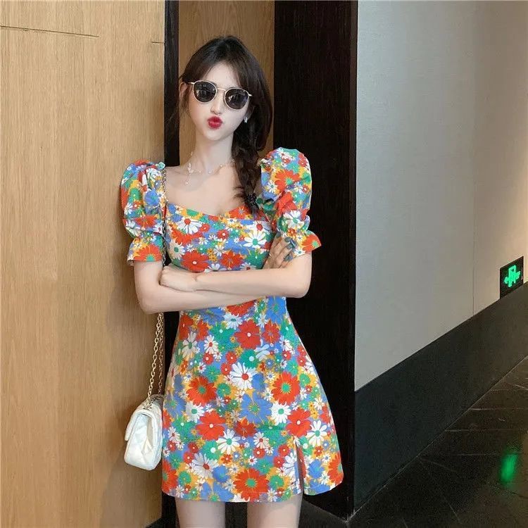 Đầm Hoa Tay Phồng Cổ Vuông Thời Trang Pháp Xinh Xắn