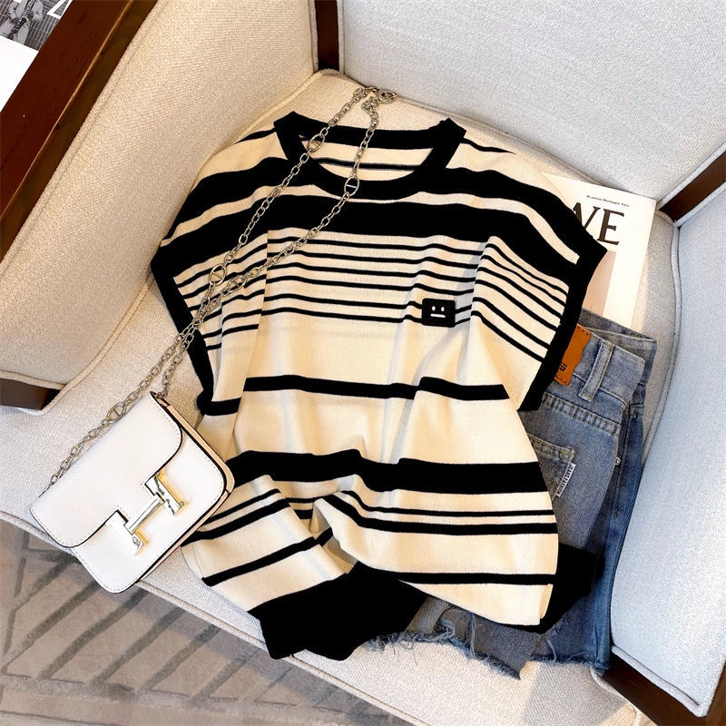 Áo sweater Sát Nách Cổ Tròn Dáng Suông Kẻ Sọc Ngang Màu Sắc Tương Phản Thời Trang Hè Cho Nữ