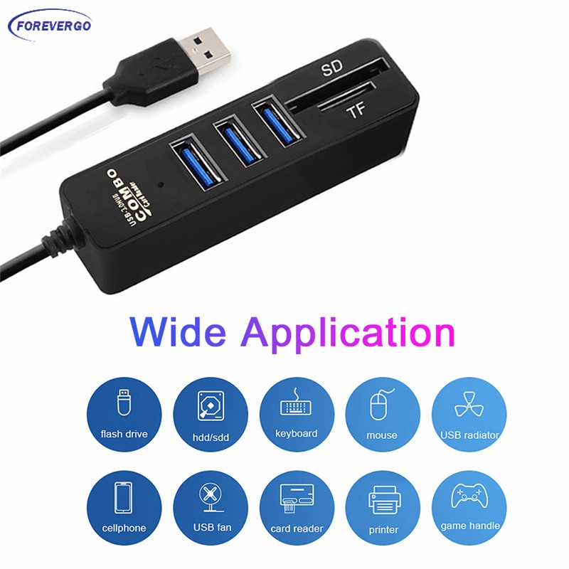 Bộ Chia 3 Cổng Usb 2.0 Kèm Đầu Đọc Thẻ Nhớ Sd / Tf 2 Trong 1 Cho Máy Tính