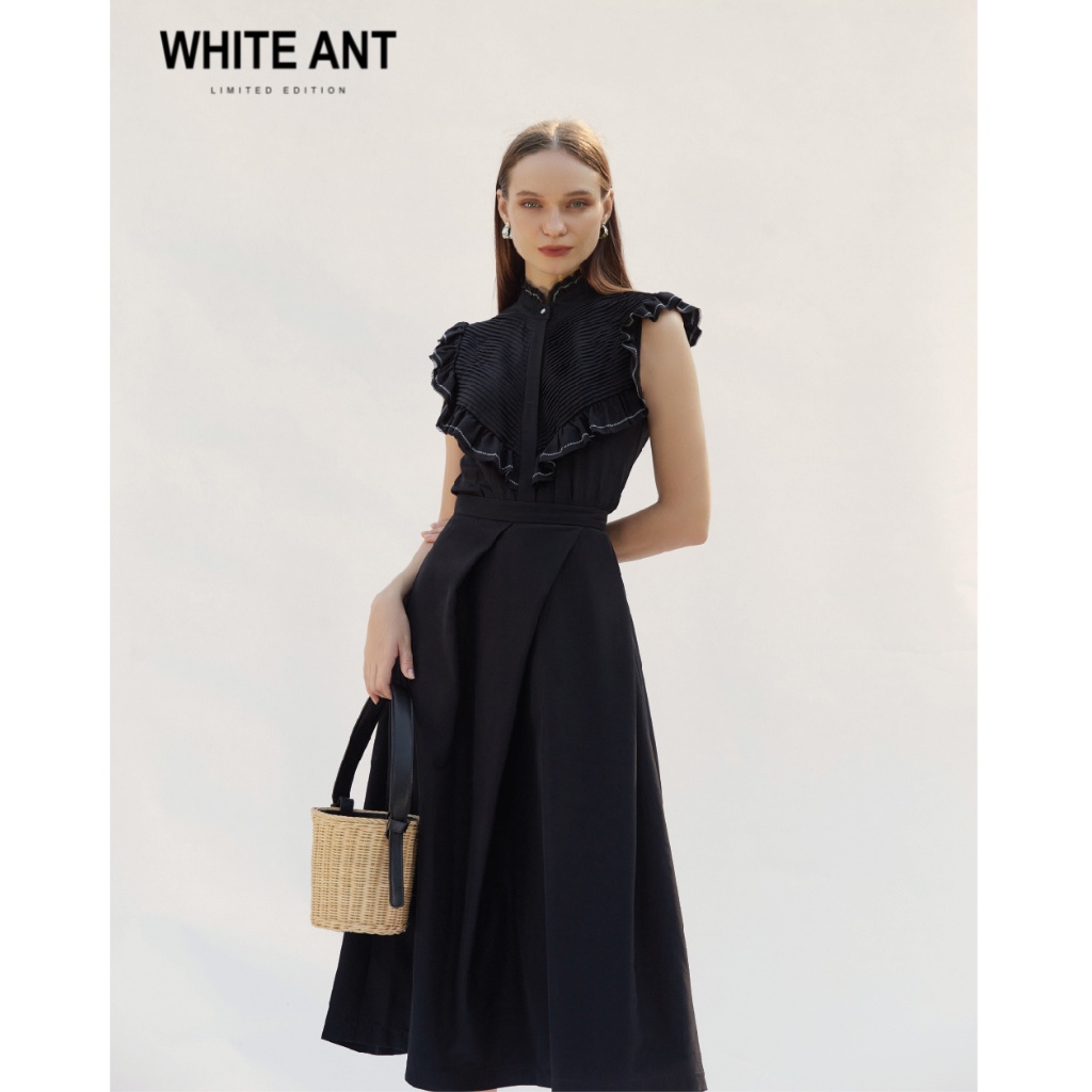 Áo Không Tay Chạy Ziczac Bèo Cổ Nữ WHITE ANT MIE SHORT SHIRT Thiết Kế Phần Ngực Xếp Li Nhỏ, Chất Lụa Satin 170300215