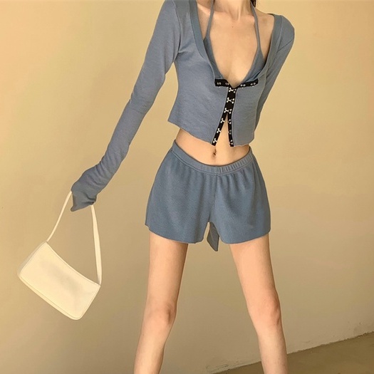Bộ Áo Khoác Cardigan Dài Tay + Quần Short Lưng Cao Ống Rộng Thời Trang Thu Đông Hàn Quốc Mới