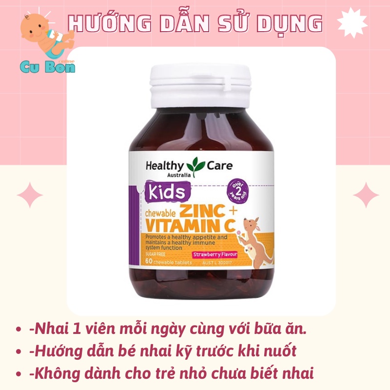 Viên nhai bố sung kẽm cho bé Healthy Care Zinc + Vitamin C của úc 60 viên cho trẻ từ 2 tuổi tăng đề kháng hiệu quả