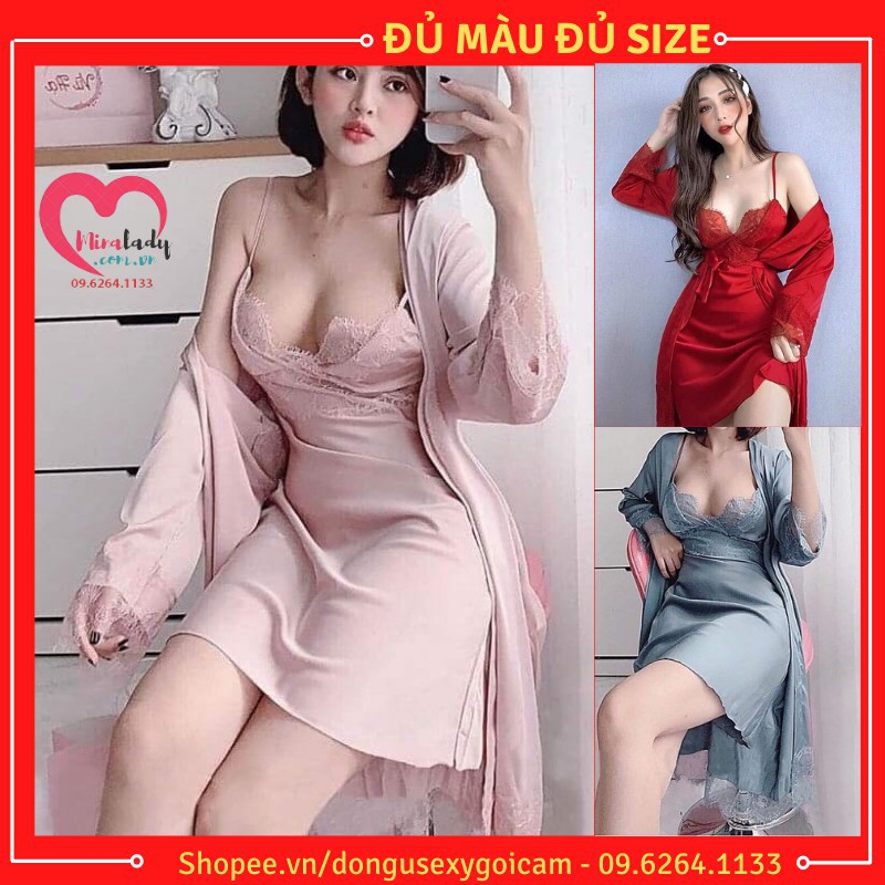 Váy Ngủ Hai Dây Lụa Satin Sexy Có Mút Ngực Cao Cấp Đầm Váy Mặc Nhà Gợi Cảm Quyến Rũ -Kèm Áo Choàng Ngủ Lụa Có Bán Lẻ ་