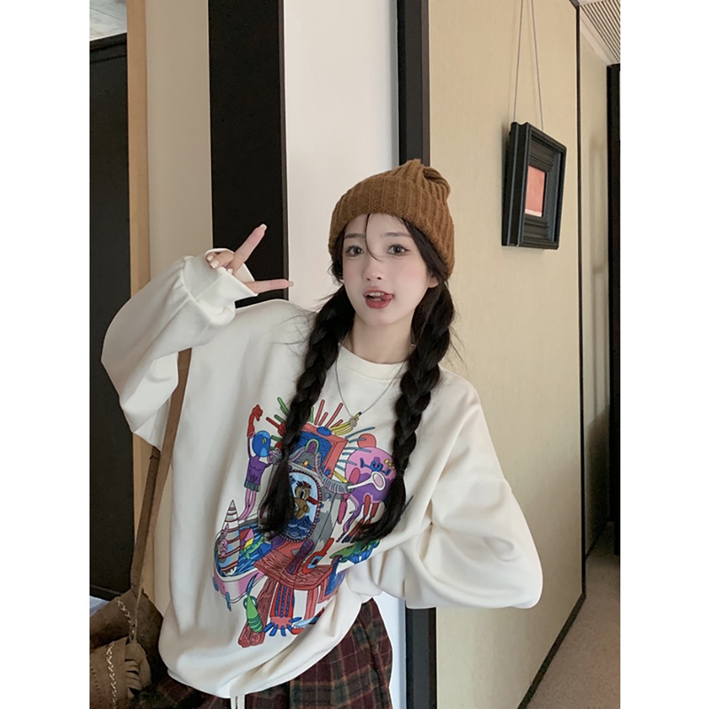 Áo Sweater Cổ Tròn Tay Dài Dáng Rộng In Họa Tiết Hoa Xinh Xắn Thời Trang Hàn Quốc Cho Nữ