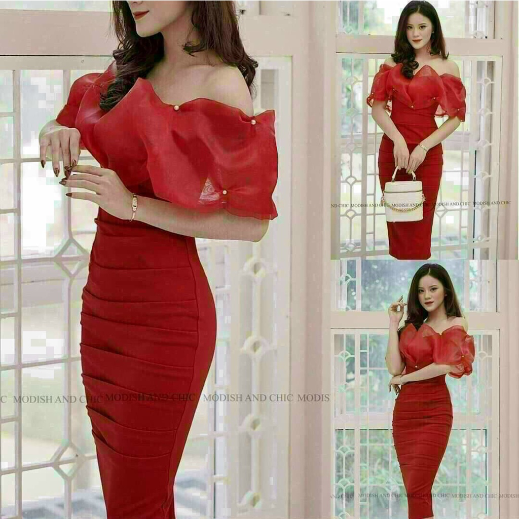 Đầm hở vai xếp li trông rất trẻ trung xinh đẹp sang trọng dành cho các tình yêu đi dự tiệc 3 màu đỏ trắng hồng nhạt