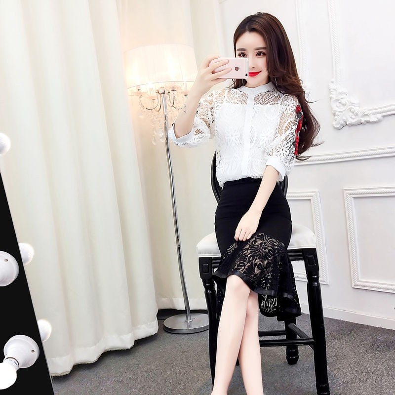 ▩▽summer new temperament stand-up collar embroidered lace top women s fashion stitching fishtail bag hip suit Skirt Western-style Spring