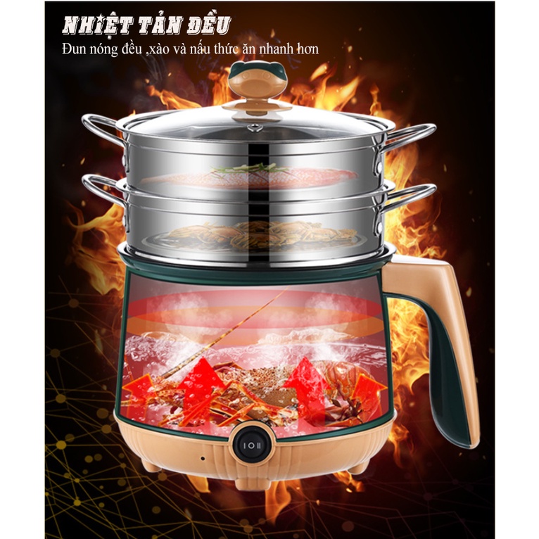 Nồi lẩu điện mini 2 tầng chống dính kèm khay hấp Inox, nồi nấu đa năng Shanban siêu xịn