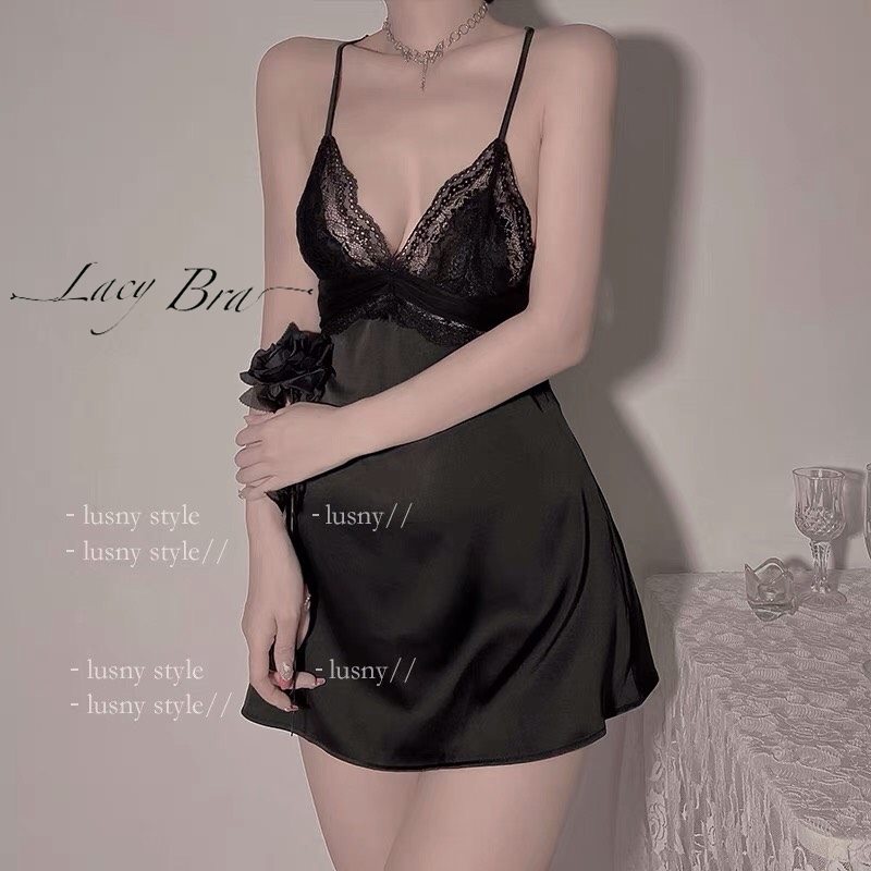 Váy Ngủ Lụa Phối Ren Mỏng Thiết Kế Dây Lưng Sexy Lacy Bra - V17