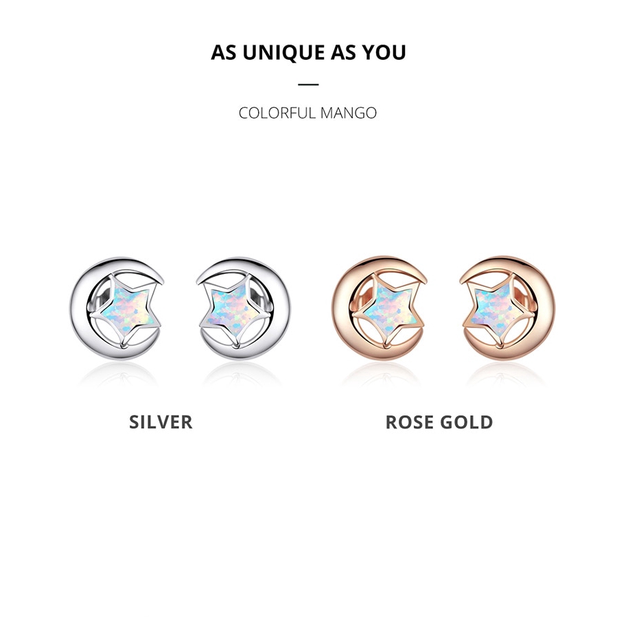 Khuyên tai Bamoer bạc 925 hình mặt trăng và ngôi sao 2 màu thời trang