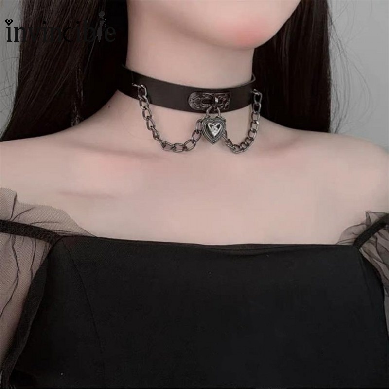 Vòng Cổ Choker Da PU Mặt Trái Tim Kim Loại Phong Cách Harajuku Punk Harajuku Dành Cho Nữ