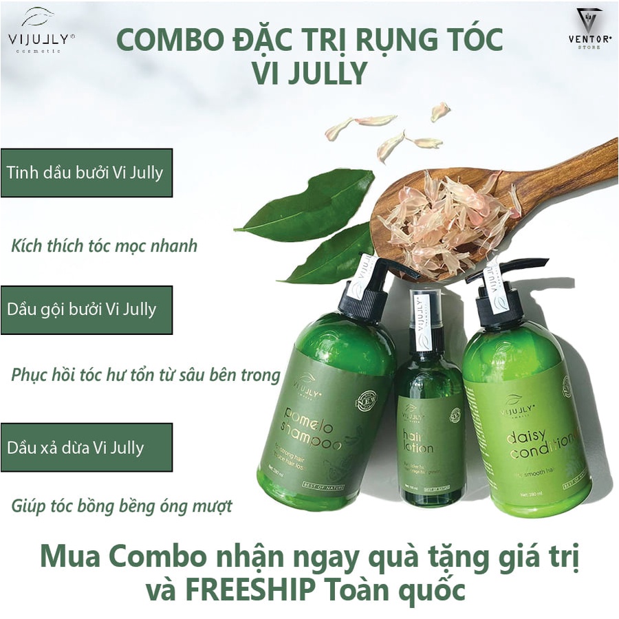 Bộ sản phẩm chăm sóc và phục hồi tóc hư tổn cùa Vi Jully bao gồm: Xịt bưởi, Dầu gội bưởi, Dầu xả dừa