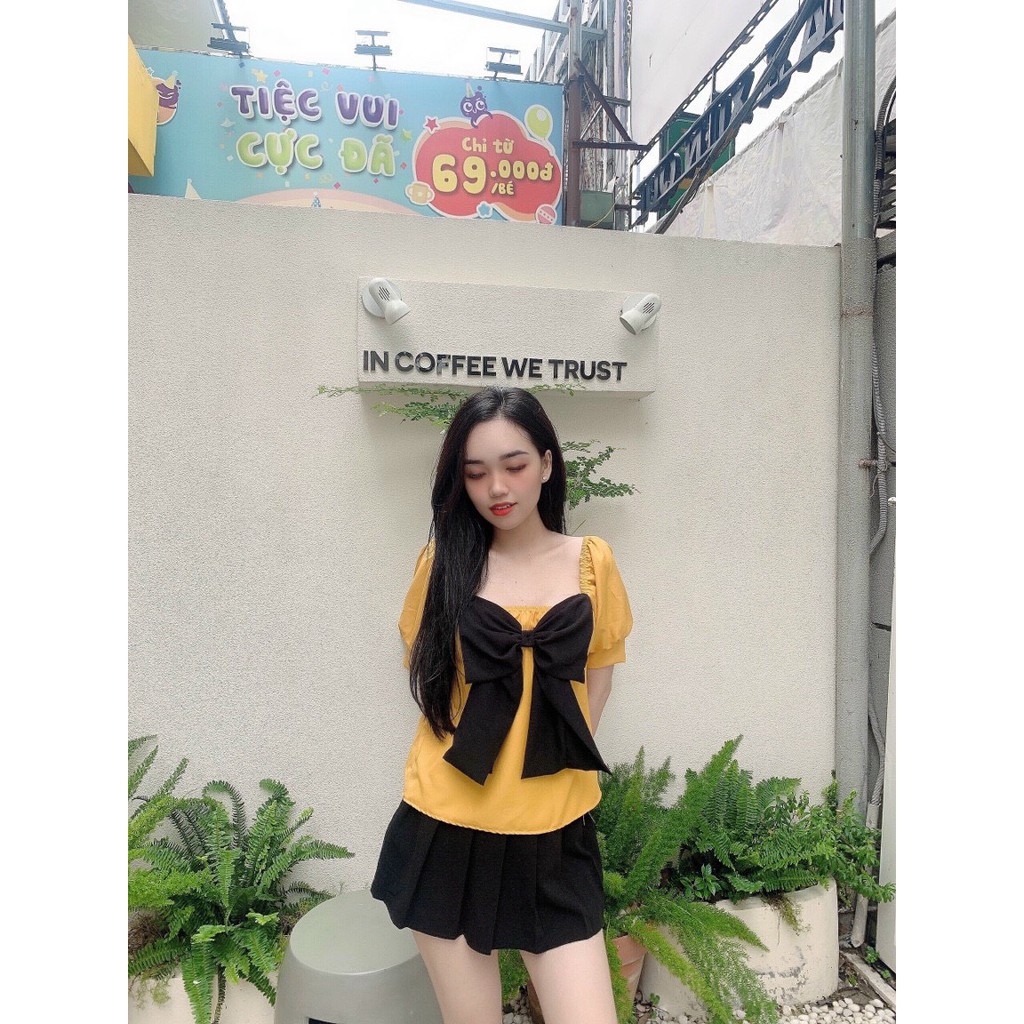 áo kiểu phối nơ cổ vuông ngắn tay