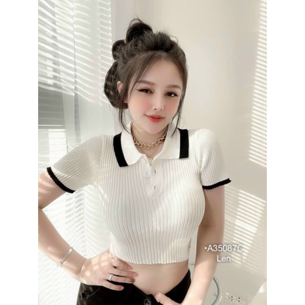 ÁO LEN CROP CỔ BẺ, ÁO CROP LEN SỌC