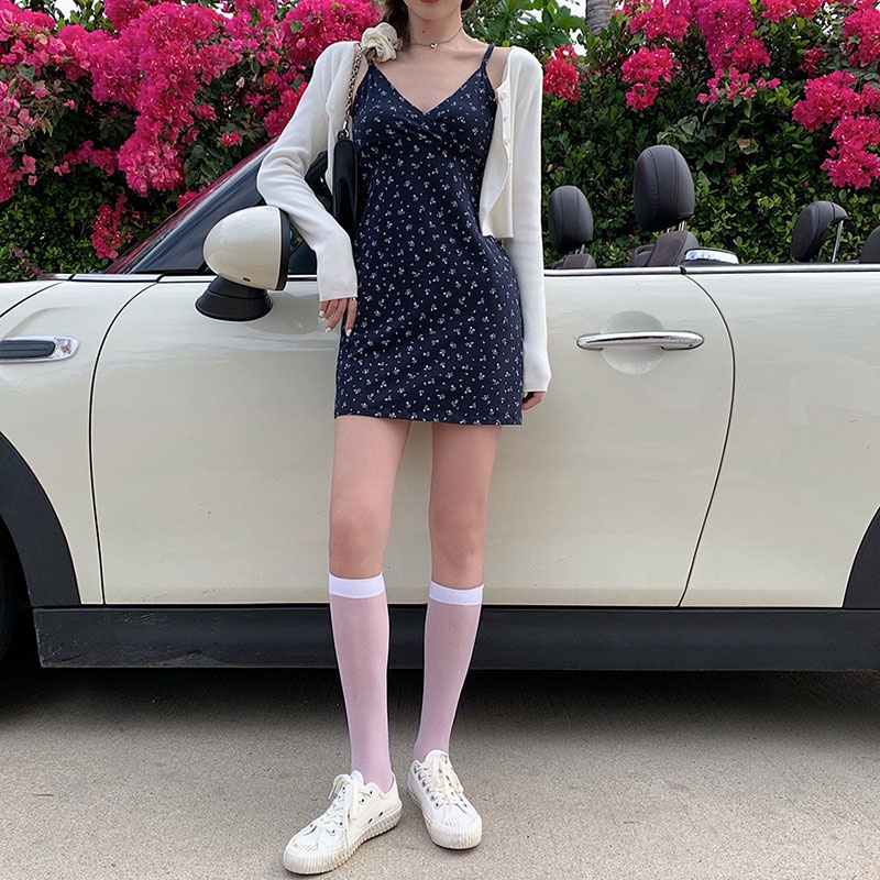 IELGY  Áo Liền Quần Hai Dây Dáng Ngắn In Hoa Màu Xanh Dương Đơn Giản Thời Trang Cho Bạn Gái