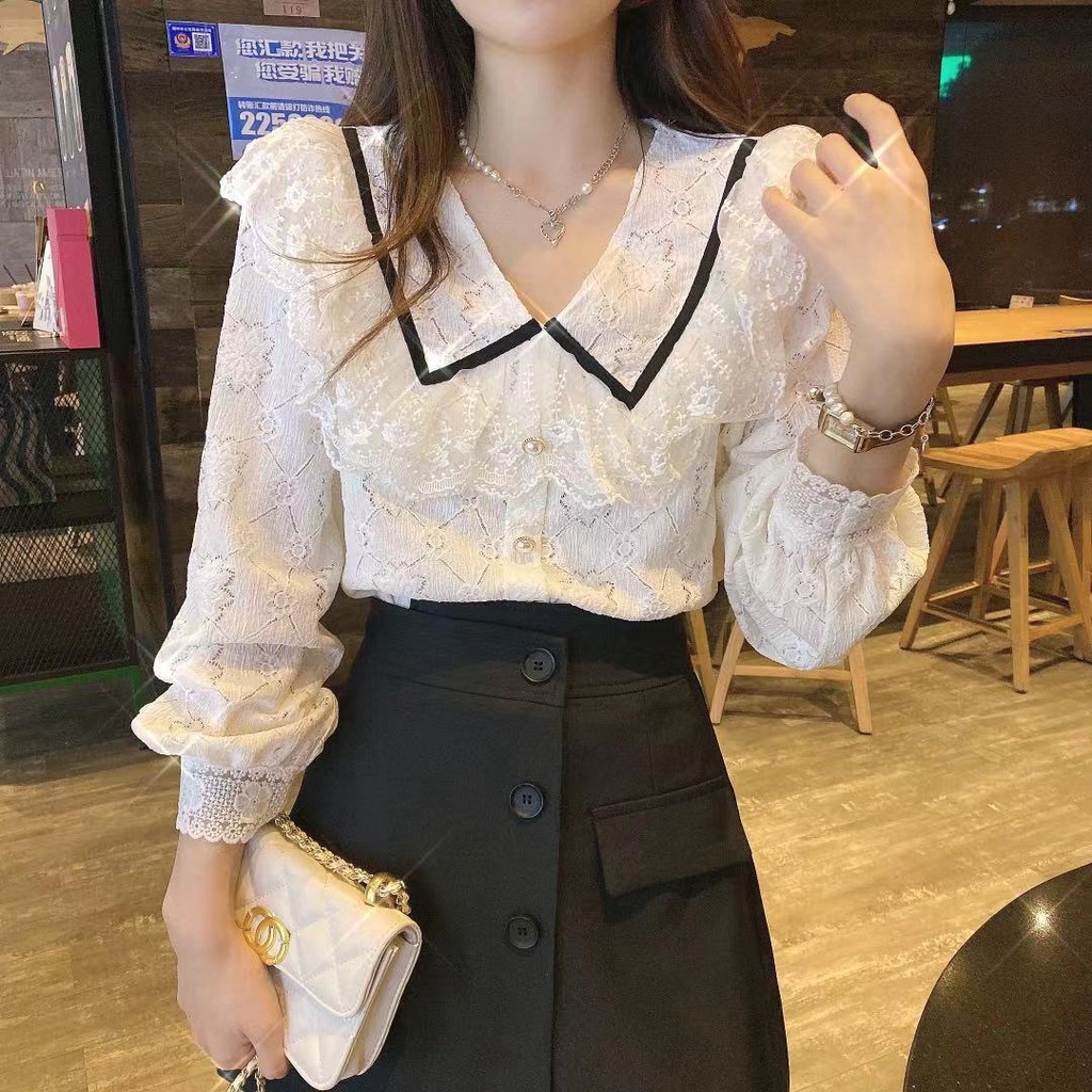 Áo sơ mi phối ren phong cách Hàn Quốc ngọt ngào mới dành cho nữ 2021