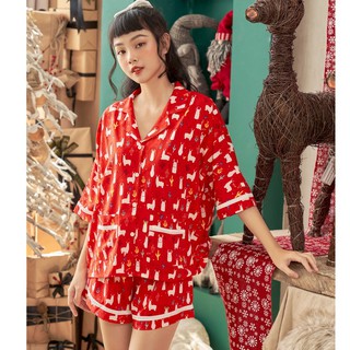 Vibes đồ bộ pijama ngắn phom cánh dơi xmas red py set